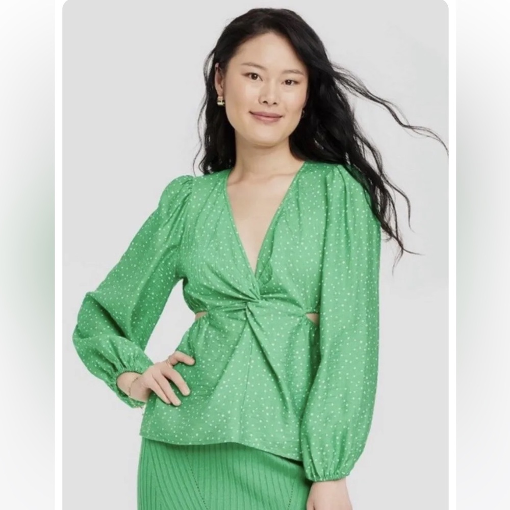 $25 A New Day Green Polka Dot Puff Sleeve Twist Front Cut Out Top Women’s M-
